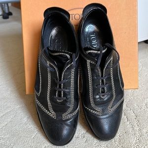 Tod's Leather & Suede Lace Up Bowling Sneakers in Black.